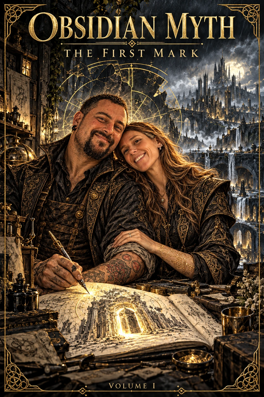 The First Mark cover: Kaelen and Lyra together in their gold-lit atelier.
