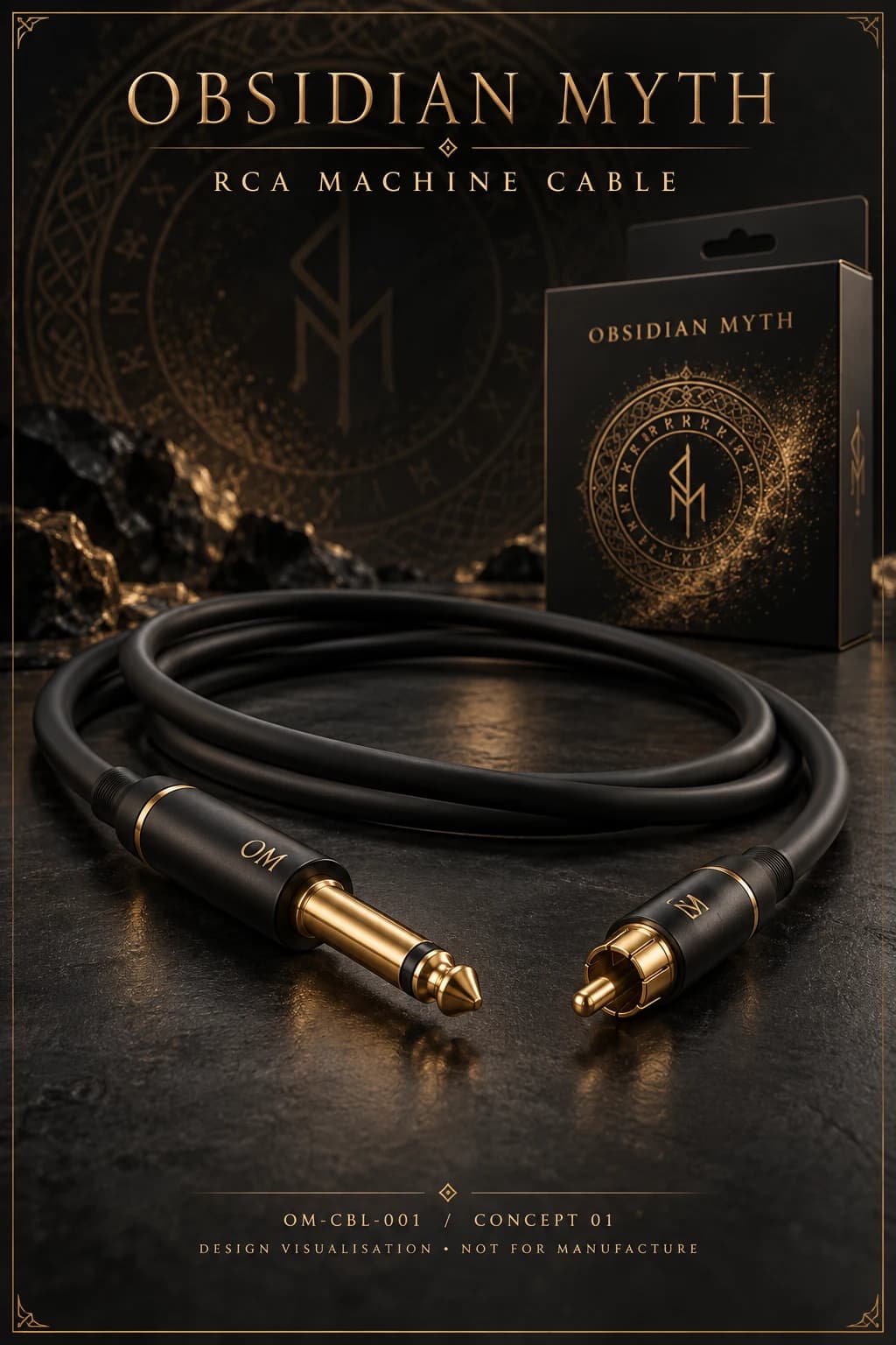 Obsidian Myth RCA machine cable concept with black housings, gold accents, quarter-inch TS and RCA plugs, and matching rune-inspired packaging