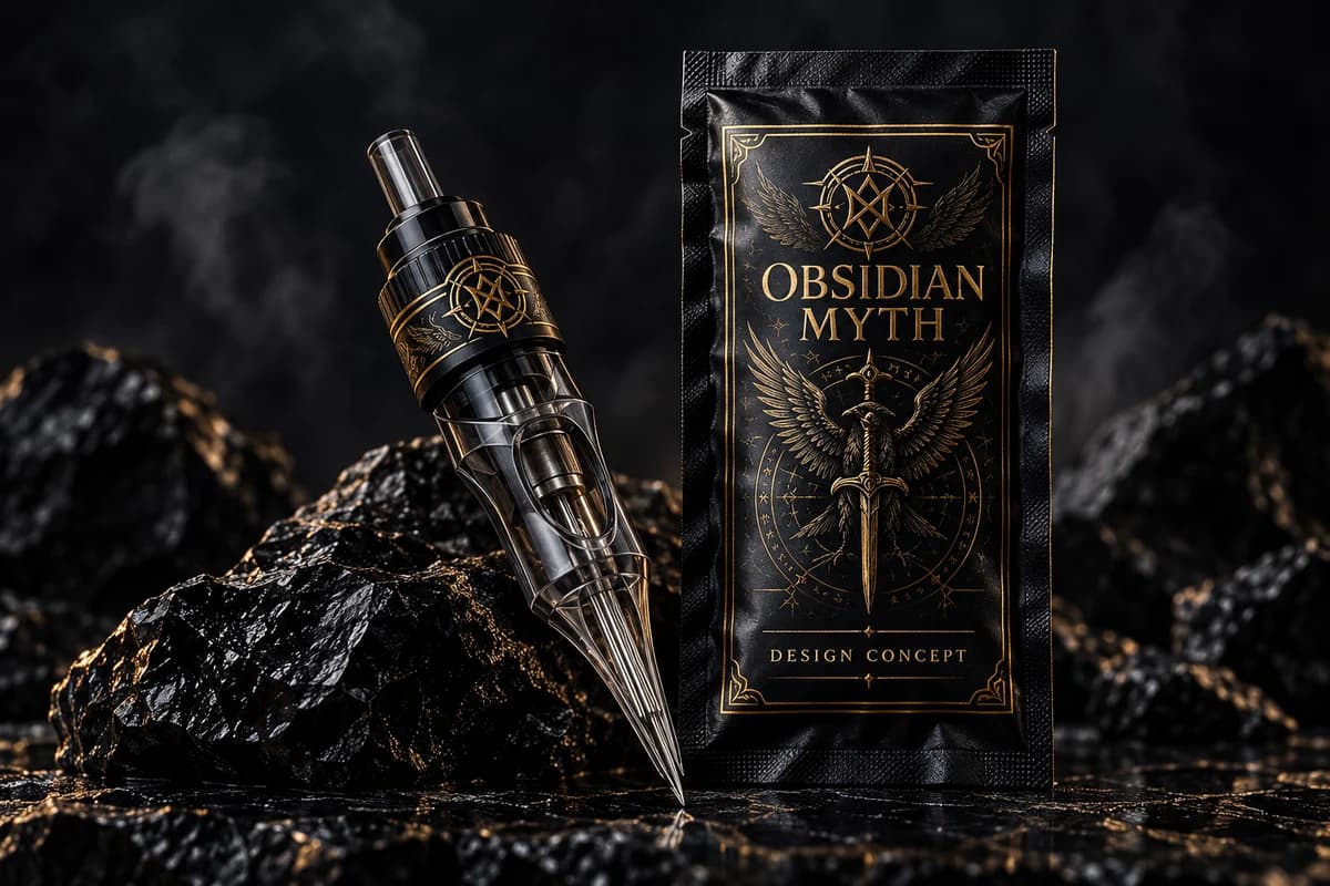 Illustrative smoky charcoal needle cartridge with gold detailing