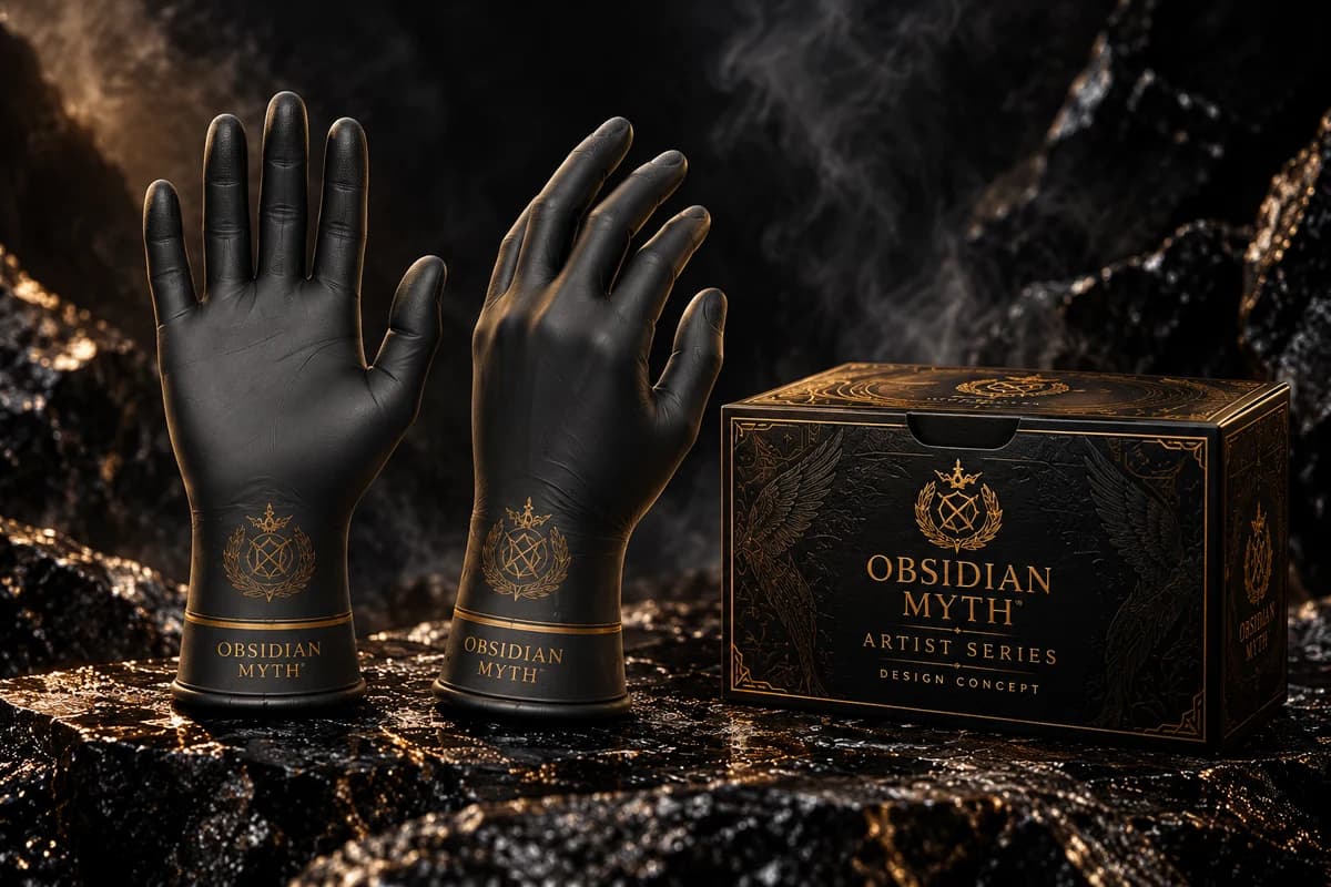 Illustrative black OM Artist Series gloves with gold wrist branding and concept packaging