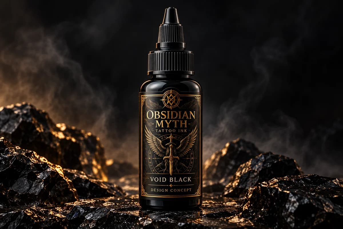 Illustrative Obsidian Myth Void Black bottle with ornate gold artwork