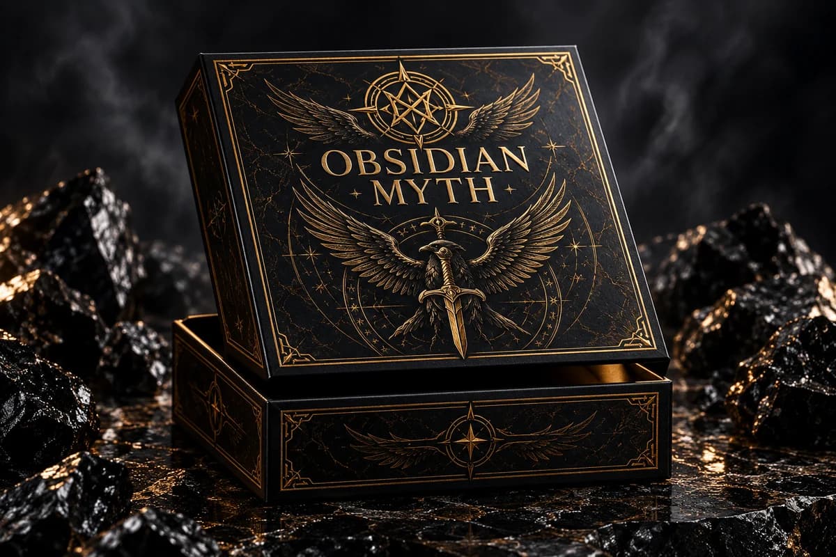Illustrative black presentation box with gold crest and winged sword artwork
